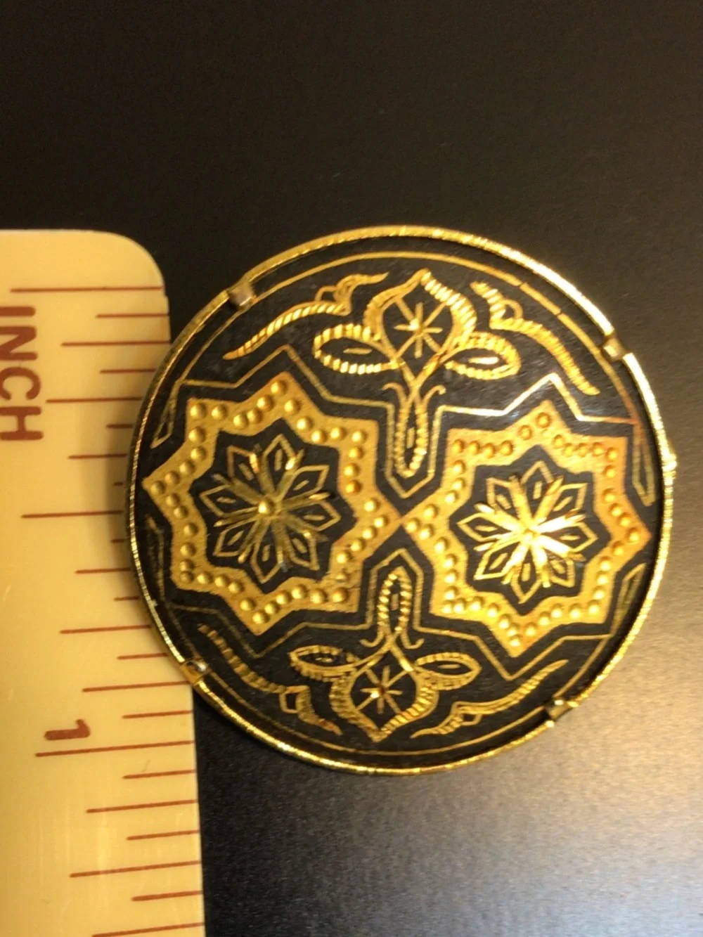 Vintage Mid Century Damascene Gold Tone Brooch Arabesque Design Trombone Clasp